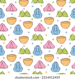 Summer Camp Seamless Pattern Design of Camping and Traveling in Template Hand Drawn Cartoon Flat Illustration