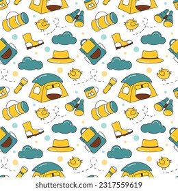 Summer Camp Seamless Pattern Design of Camping and Traveling Element in Template Hand Drawn Cartoon Flat Illustration