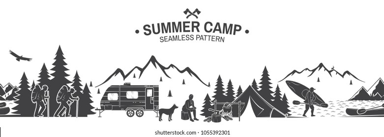 Summer Camp Seamless Pattern. Vector Illustration. Outdoor Adventure Background For Wallpaper Or Wrapper. Seamless Scene With Mountains, Hikers, Dog, Girl, Man With Canoe, Campfire And River.