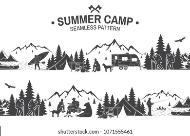 Summer camp seamless pattern. Vector illustration. Outdoor adventure background for wallpaper or wrapper. Seamless scene with mountains, bear, dog, girl, man with guitar sitting around campfire.