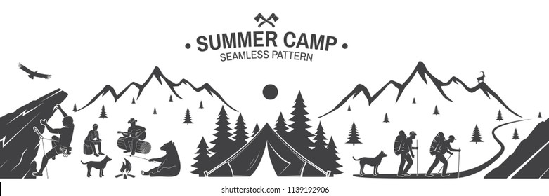 Summer camp seamless pattern. Vector illustration. Outdoor adventure background for wallpaper or wrapper. Seamless scene with mountains, hikers, dog, girl, man with guitar, campfire and climber.