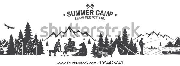 シームレスなサマーキャンプ柄 ベクターイラスト 壁紙またはラッパーの屋外のアドベンチャー背景 山 熊 犬 女の子 キャンプ ファイアの周りにギターを持つ男性が座るシームレスなシーン のベクター画像素材 ロイヤリティフリー