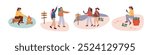 Summer camp set. Outdoor recreation. People set on hike. Outdoor Vector cartoon illustration isolated on white background. Traveling man and woman active recreation camping colors illustration