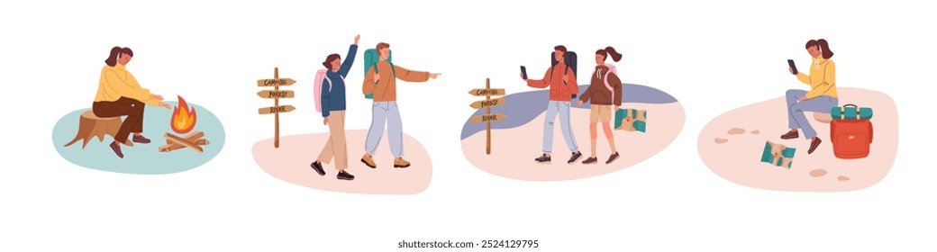 Summer camp set. Outdoor recreation. People set on hike. Outdoor Vector cartoon illustration isolated on white background. Traveling man and woman active recreation camping colors illustration