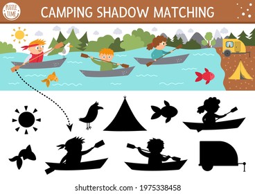 Summer camp shadow matching activity with cute rafting children on boats. Family nature trip puzzle with kayaking kids. Find the correct silhouette printable worksheet or game. 
