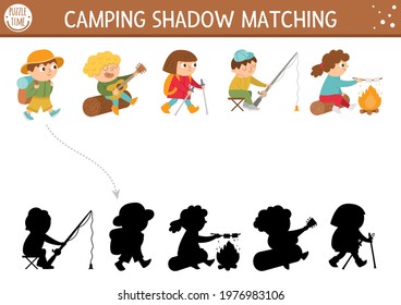 Summer camp shadow matching activity with cute children. Family nature trip puzzle with kids fishing, hiking, playing guitar. Find the correct silhouette printable worksheet or game. 
