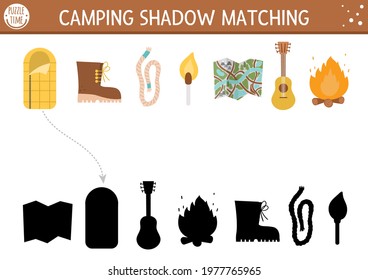Summer camp shadow matching activity for children with cute kawaii camping equipment. Family nature trip puzzle with cute objects. Find the correct silhouette printable worksheet or game.