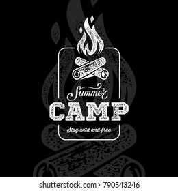 Summer camp sign with a fire. Vector illustration.