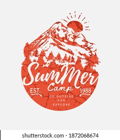 summer camp slogan on alpine mountain and sunset background illustration