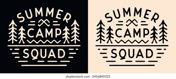 Escuadrón de campamento de verano de la tripulación de letras camper insignia camping emblema. Ilustración estética vintage retro de Forest Lake para hacer juego con amigos Vector de impresión de diseño de camiseta con logotipo de profesor de scout escolar.