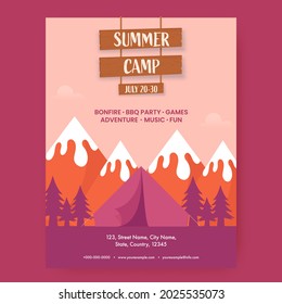 Summer Camp Template Design With Event Details And Tent Illustration On Nature Landscape Background.