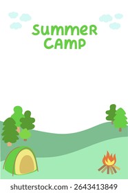 Summer camp template with tent and bonfire in cartoon forest scene. Great for kids’ outdoor adventure themes.
