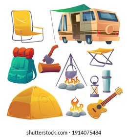 Summer camp with tent, bonfire, backpack and van. Equipment for travel, hiking and activity vacation. Vector cartoon set of campfire with bowler, guitar, chair and lantern isolated on white background