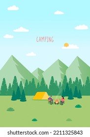 Summer camp, Tent, Campfire, Pine forest and rocky mountains background, holidays outside city, happy girl and boy at picnic, Useful outdoor recreation, interesting journey. Modern flat design vector 