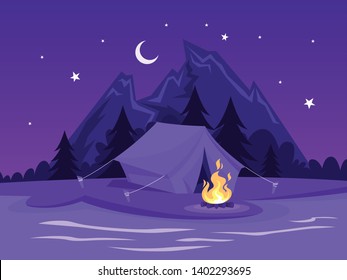 Summer camp. Tent with a campfire at the river, mountains on the background. Idea of travel and tourism, rest on the nature. Night landscape. Vector illustration in cartoon style
