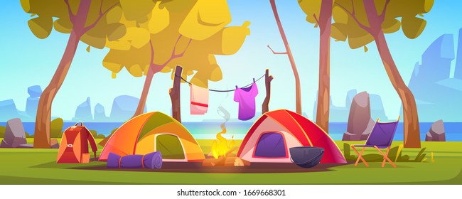 Summer camp with tent, campfire, trees, lake and mountains on background. Vector cartoon landscape of natural parkland, countryside. Picnic on river beach