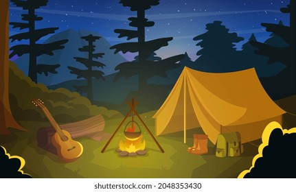 Summer camp with tent, fire and guitar at night time. Campfire with tent, log and guitar for summertime vacation, camping, traveling, trip, hiking activities. Flat cartoon vector illustration