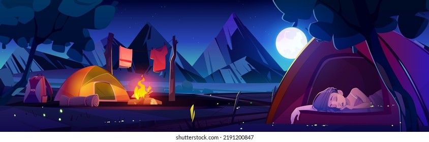 Summer camp with tent with sleeping woman, bonfire and backpack on lake shore at night. Landscape with trees, river, mountains and campsite with girl asleep in tent, vector cartoon illustration