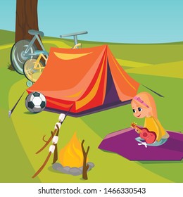 Summer Camp Tent in Wood. Little Cartoon Girl Play Hawaiian Guitar Ukulele Vector Illustration. Family Picnic in Forest. Kid Guitar Player Bonfire Campfire. Musical Child Music Concert