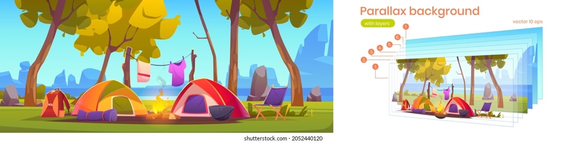 Summer camp with tents, chair and campfire on river shore. Vector parallax background for 2d animation with cartoon landscape with campsite, trees, lake beach and mountains on background