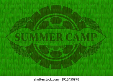 Summer Camp text inside green grama grass emblem.   Eco fancy background. Vector illustration. 