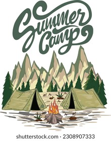 "Summer Camp! This camping-themed t-shirt design features a majestic mountain range, a cozy campfire, and a starry night sky. Embrace the great outdoors in style!"