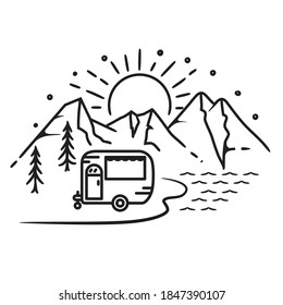 Summer Camp Trailer, Van, RV, Lake Holiday Lineart Design