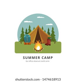 Summer Camp - Travel Adventure Site With Yellow Tent By Bonfire And Tourism Equipment. Outdoor Camping Place In The Forest With Backpack And Boots - Isolated Vector Illustration