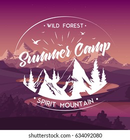 Summer camp travel agency wild forest mountain trips offer advertisement poster with white emblem flat vector illustration