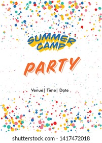 Summer camp typography design with colorful elements. Hand drawn lettering. Label, logo, badge, sticker, stamp,