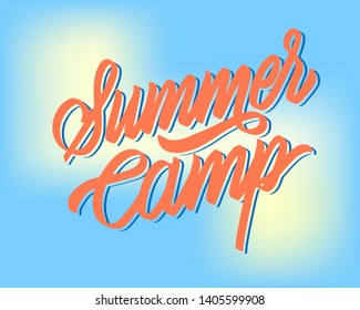Summer camp typography design. Hand drawn lettering. Label, logo, badge, sticker, stamp,