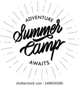 Summer camp typography design. Hand drawn lettering. Label, logo, badge, sticker, stamp.