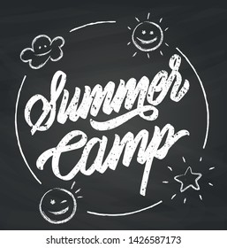 Summer camp typography design . Hand drawn lettering. Label, logo, badge, sticker, stamp, Chalk board effect.