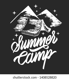 Summer camp typography design with illustration of tent. Hand drawn lettering. Label, logo, badge, sticker, stamp,