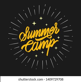 Summer camp typography design on sun illustration. Hand drawn lettering. Label, logo, badge, sticker, stamp,
