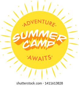 Summer camp typography design on sun illustration. Hand drawn lettering. Label, logo, badge, sticker, stamp,