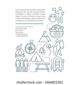 Summer camp vacation, holiday article page vector template. Brochure, magazine, booklet design element with linear icons and text boxes. Print design. Concept illustrations with text space 
