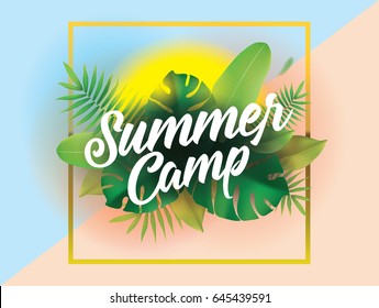 Summer camp. Vector background with typography for posters and banners. Illustration with tropical leaves and sun.