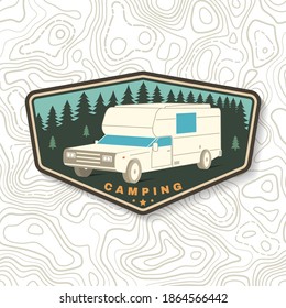 Summer camp. Vector. Camping trailer emblem or patch. Concept for shirt or logo, print, stamp or tee. Vintage typography design with RV Motorhome and forest silhouette.