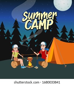 Diseño conceptual del campamento de verano. Texto del campamento de verano con un par de personajes más caminantes como cocinar en el fondo del bosque nocturno. Ilustración vectorial.   