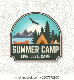 Summer camp. Vector. Concept for patch, shirt, print, stamp or tee. Vintage typography design with canoe, paddle, camping tent and forest silhouette. Extreme water sport kayak patches