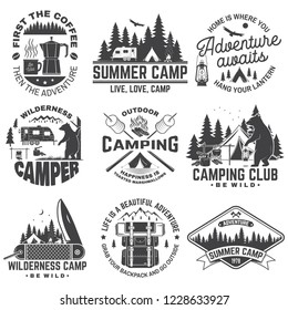 Summer camp. Vector. Concept for shirt or patch, print, stamp or tee. Vintage typography design with rv trailer, camping tent, campfire, bear, coffee maker, pocket knife and forest silhouette.