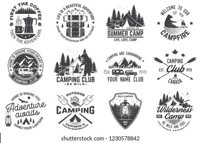 Summer Camp. Vector. Concept For Shirt Or Patch, Print, Stamp Or Tee. Vintage Typography Design With Rv Trailer, Camping Tent, Campfire, Bear, Coffee Maker  And Forest Silhouette.