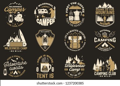 Summer camp. Vector. Concept for shirt or patch, print, stamp or tee. Vintage typography design with rv trailer, camping tent, campfire, bear, coffee maker, pocket knife and forest silhouette.