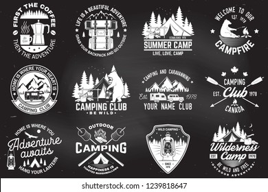 Summer camp. Vector. Concept for shirt or patch, print, stamp or tee. Vintage typography design with rv trailer, camping tent, campfire, bear, coffee maker, pocket knife and forest silhouette.