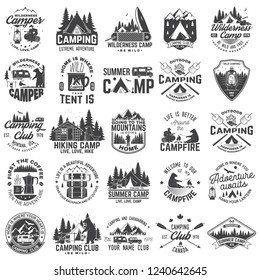 Summer camp. Vector. Concept for shirt or patch, print, stamp or tee. Vintage typography design with rv trailer, camping tent, campfire, bear, coffee maker, pocket knife and forest silhouette.