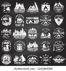 Summer camp. Vector. Concept for shirt or patch, print, stamp or tee. Vintage typography design with rv trailer, camping tent, campfire, bear, coffee maker, pocket knife and forest silhouette.