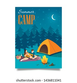 Summer camp vector hand drawn flyer or poster with young couple playing the guitar