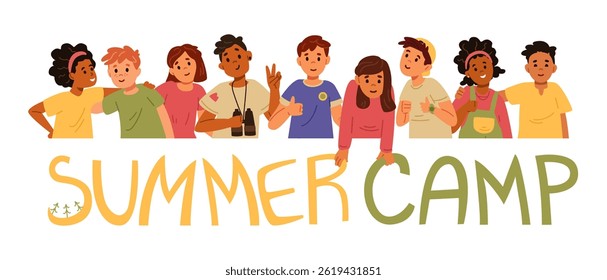 Summer camp vector horizontal banner with illustration of diverse group of children standing together and holding hand drawn lettering isolated on white. 
