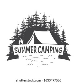 Summer camp. Vector illustration. Camping and outdoor adventure emblem. Vintage typography design with camping tent and bonfire